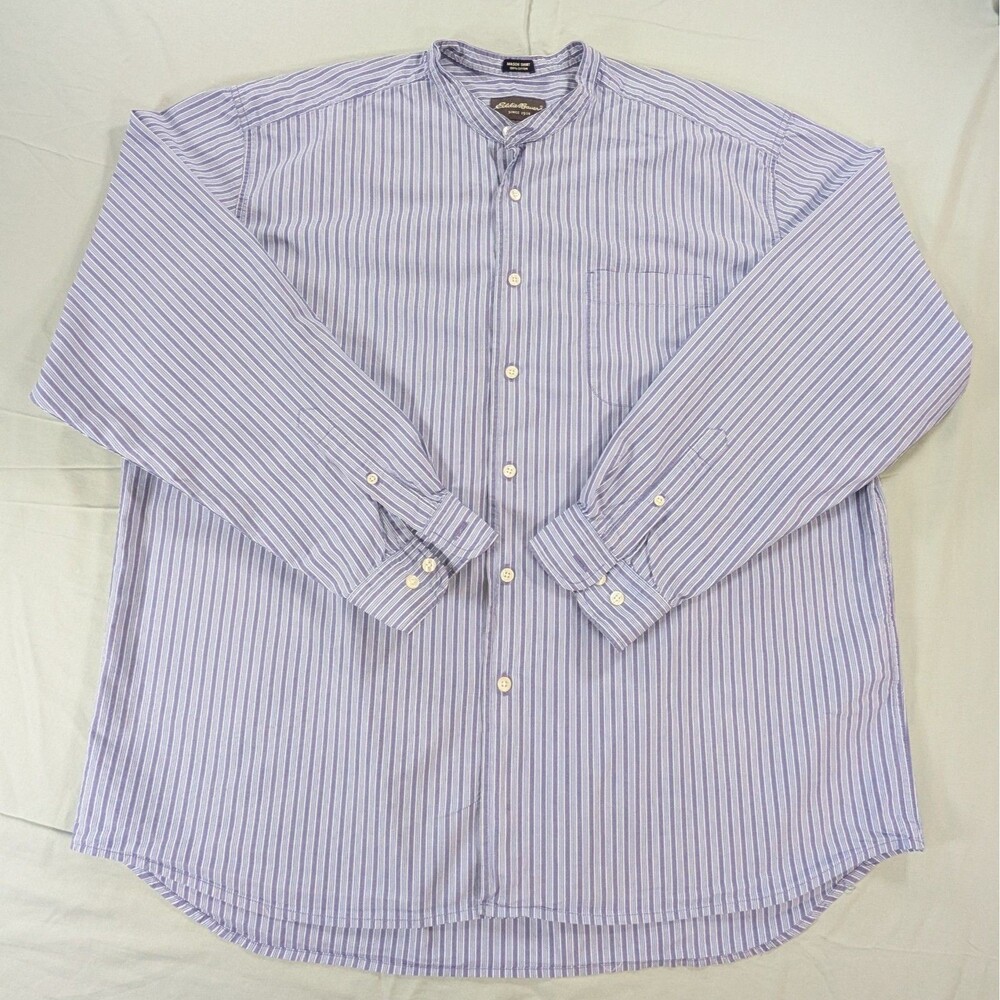 Eddie Bauer Mens XXL Mason Shirt Cotton Band Collar Long Sleeve Blue Stripe Flaw